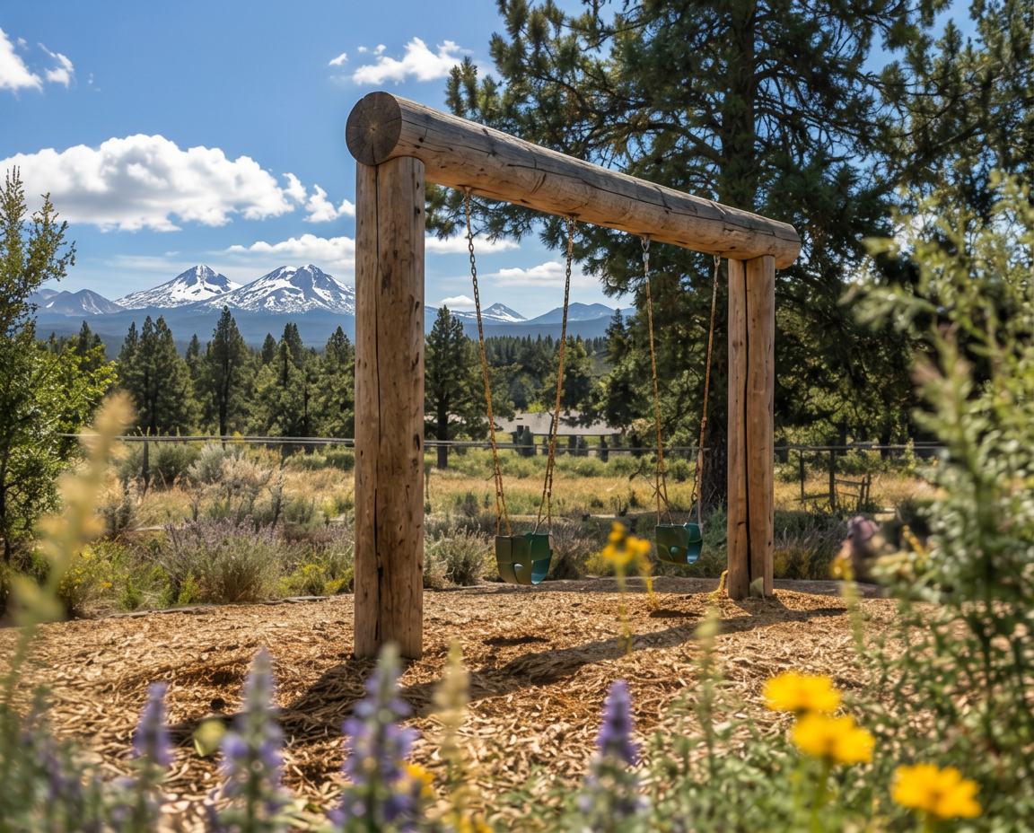 Central Oregon at golden hour — children playing on a wooden swing structure with the Cascade Mountains beyond.