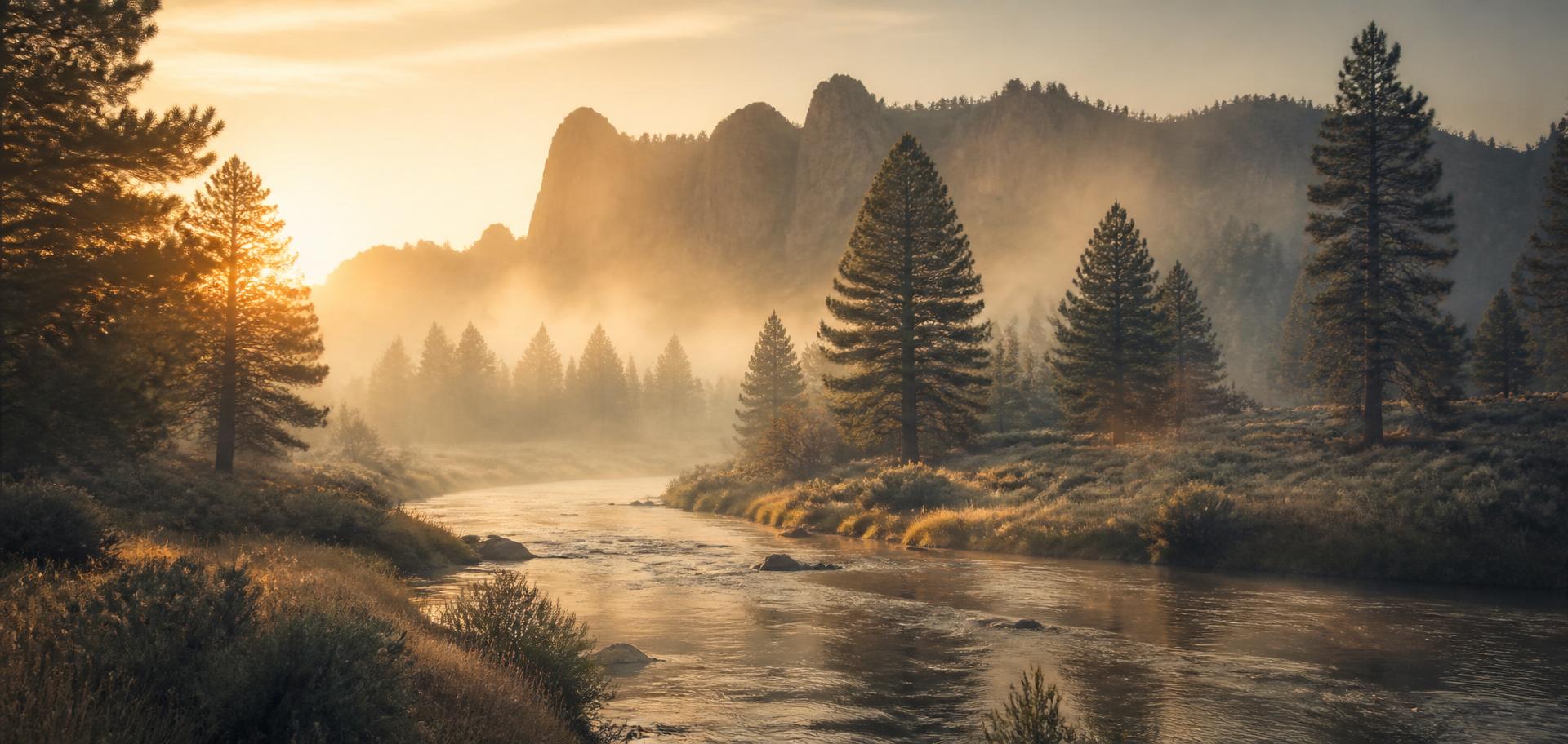 The Deschutes River at dawn, with Smith Rock in the distance.